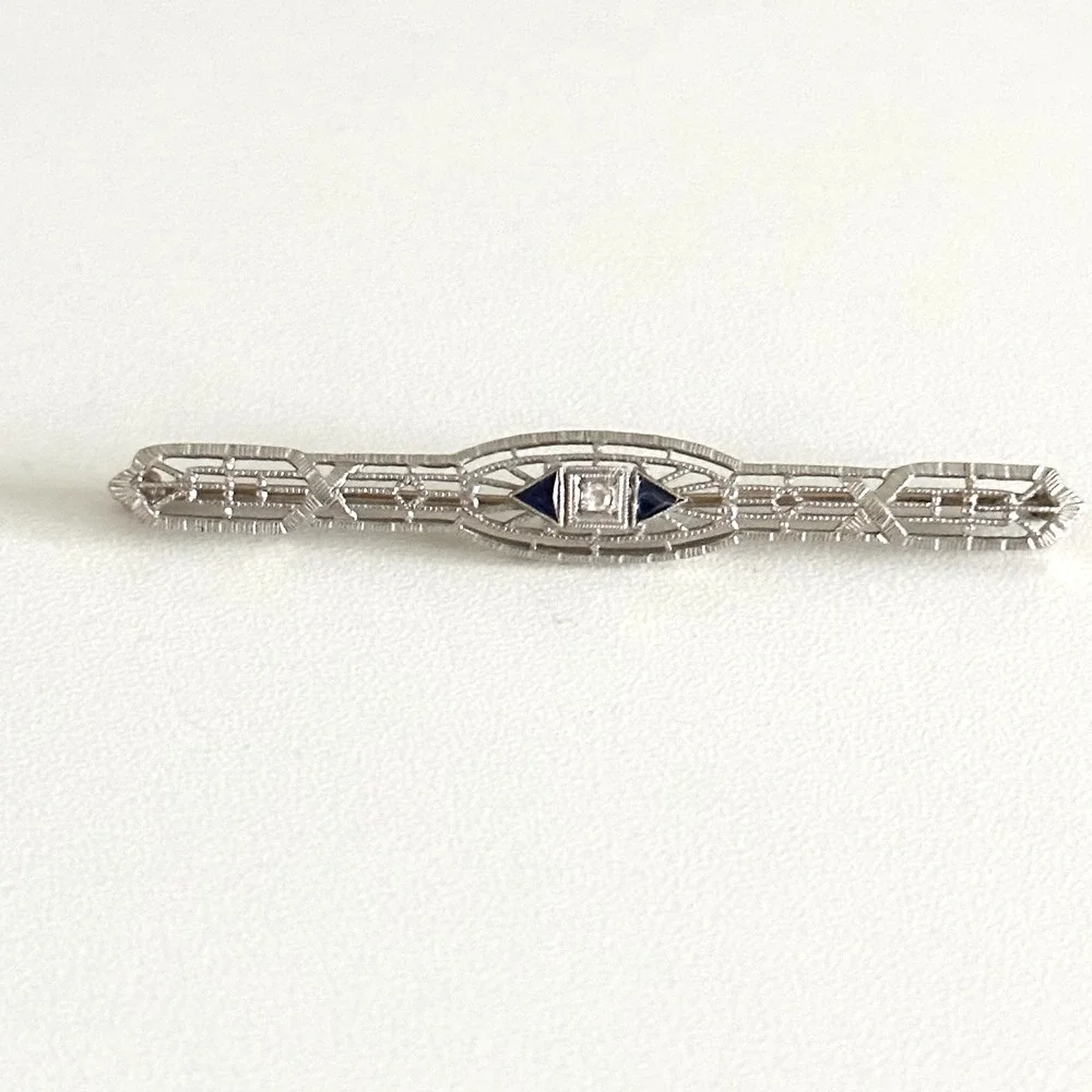 Antique 14K Solid White Gold Sapphire & Diamond Intricate Detail Bar Brooch Pin